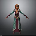 3D Fantasy Character With Red Hair Green Purple Robe Decorative Belt And Intricate Patterns Standing
