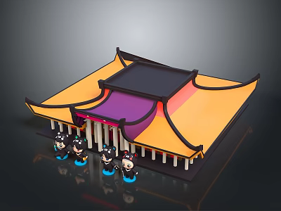 Traditional Chinese Architecture Featuring Yellow Purple Roof Curved Black Eaves Front Columns And Figures 3d model