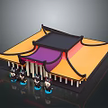 Traditional Chinese Architecture Featuring Yellow Purple Roof Curved Black Eaves Front Columns And Figures
