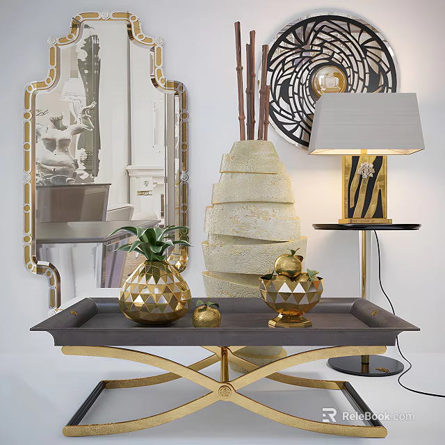 Elegant Coffee Table With Gold Frame Tray And Golden Decorative Ornaments 3d model 