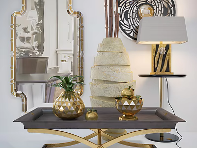 Elegant Coffee Table With Gold Frame Tray And Golden Decorative Ornaments 3d model