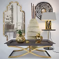Elegant Coffee Table With Gold Frame Tray And Golden Decorative Ornaments