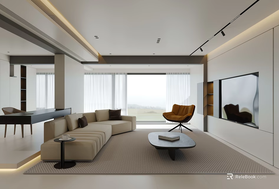 Modern Minimalist Living Room Interior With Beige L Shaped Sofa Orange Armchair And Large Windows 3d model 