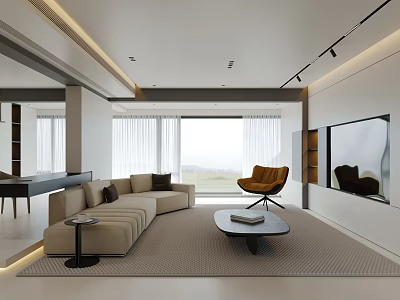 Modern Minimalist Living Room Interior With Beige L Shaped Sofa Orange Armchair And Large Windows 3d model