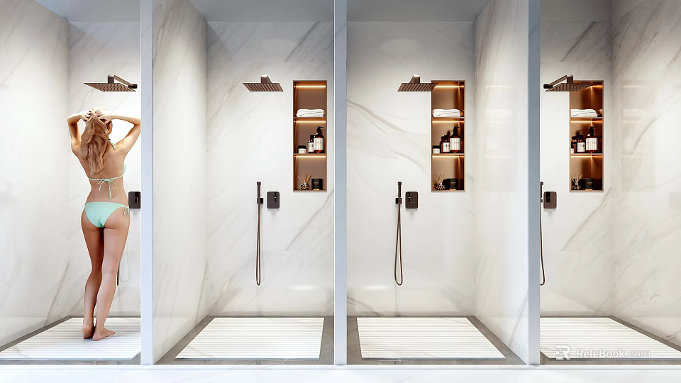 Modern Spa Shower Area With Marble Walls And Storage Niches 3d model 