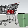 Public Shopping Facilities Including Metal Cart With Red Items And Stacked Green Baskets