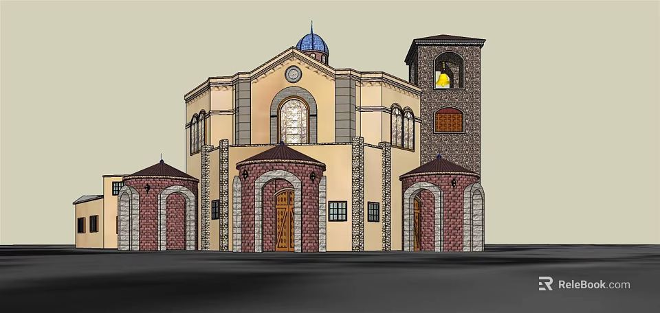 Ancient Building Featuring Blue Dome Bell Tower Arched Doors And Brick Walls 3d model
