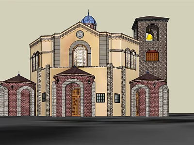 Ancient Building Featuring Blue Dome Bell Tower Arched Doors And Brick Walls 3d model