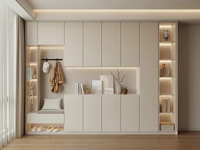 Modern Shoe Cabinet Design With Built In Storage Hanging Hooks And LED Lighting 3d model