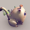 Cute Round Bodied Cartoon Cat Character With Big Eyes Mushroom On Head And Small Plants