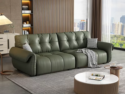 Green Leather Sectional Sofa With Pillows And Throw Blanket In Modern Interior Design 3d model