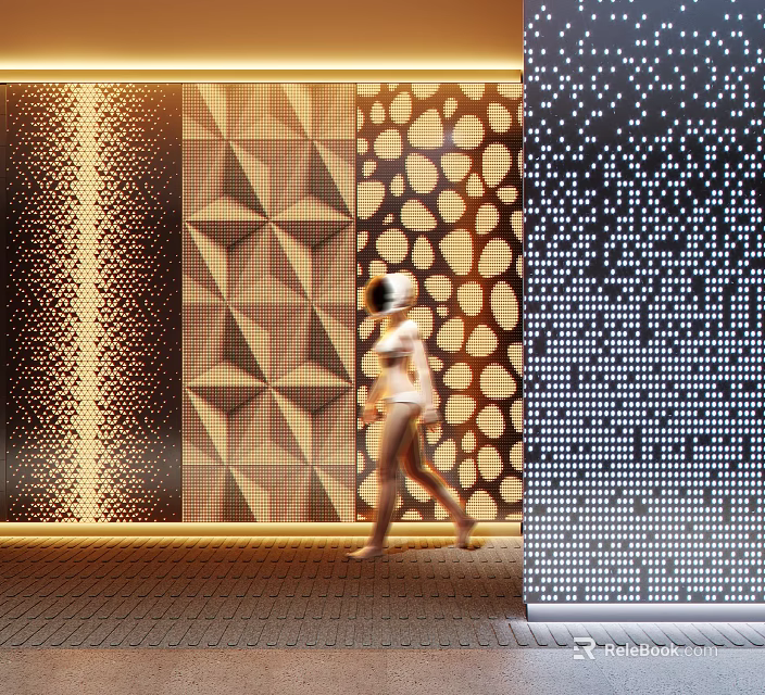 Modern Decorative Wall Panels With Geometric And Circular Patterns And Warm Lighting 3d model 