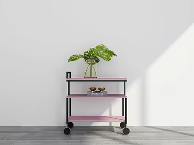 Pink Three Tier Trolley With Green Plant And Small Cups On Wooden Floor 3d model