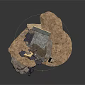 Basement Cave Interior With Sandy Ground White Containers Pipes Black Debris And Brick Walls