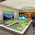 Sales Office Interior With Large Green Lawn Model White Seats And Wooden Ceiling