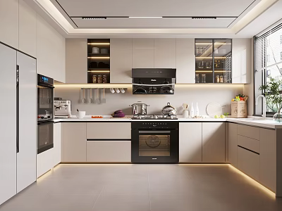 Modern Kitchen Interior With White Cabinets Glass Door Storage And Stainless Steel Appliances 3d model