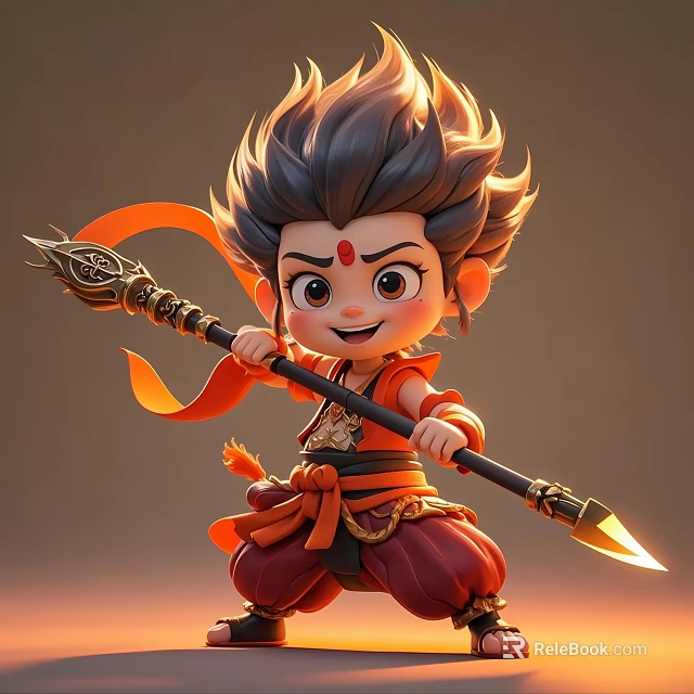 Man with spiky hair red forehead mark holding spear in red outfit with orange ribbon 3d model 
