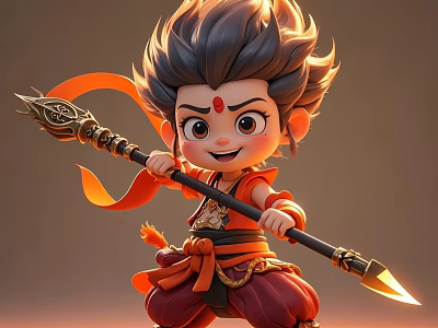 Man with spiky hair red forehead mark holding spear in red outfit with orange ribbon 3d model