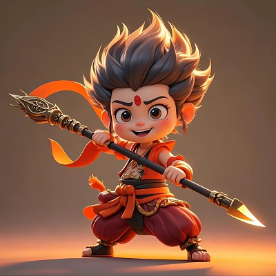 Man with spiky hair red forehead mark holding spear in red outfit with orange ribbon 3d model