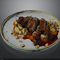 Roasted Duck Breast Slices With Hazelnuts Raspberries And Root Vegetable Purée On Ceramic Plate