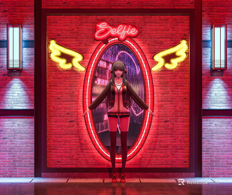 Yellow Wing Shaped Decorative Lights With Neon Selfie Sign On Red Brick Wall 3d model 