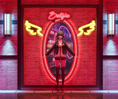 Yellow Wing Shaped Decorative Lights With Neon Selfie Sign On Red Brick Wall 3d model
