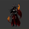 Demonic Fantasy Woman with Horns Flaming Wings and Fiery Weapon in Dark Outfit
