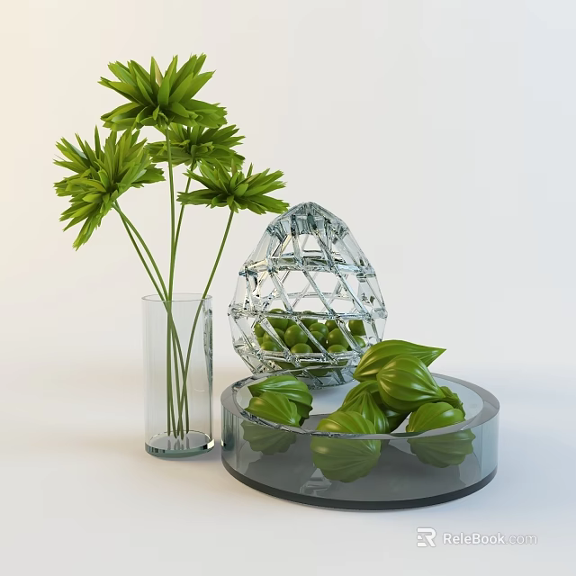 Elegant Decorative Ornament Set With Green Plants Transparent Vase Grid Container And Round Tray 3d model 