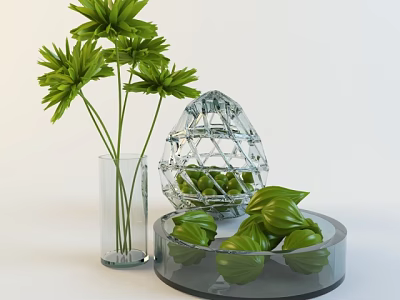 Elegant Decorative Ornament Set With Green Plants Transparent Vase Grid Container And Round Tray 3d model