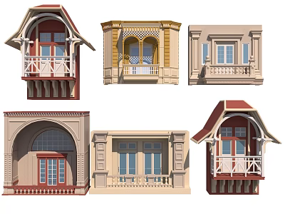 Various Architectural Facade Designs With Different Window And Balcony Styles 3d model
