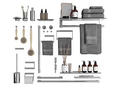 Essential Bathroom Accessories With Towels Bottles Toothbrush Holders Mirror Racks Toilet Brush And Diffusers 3d model