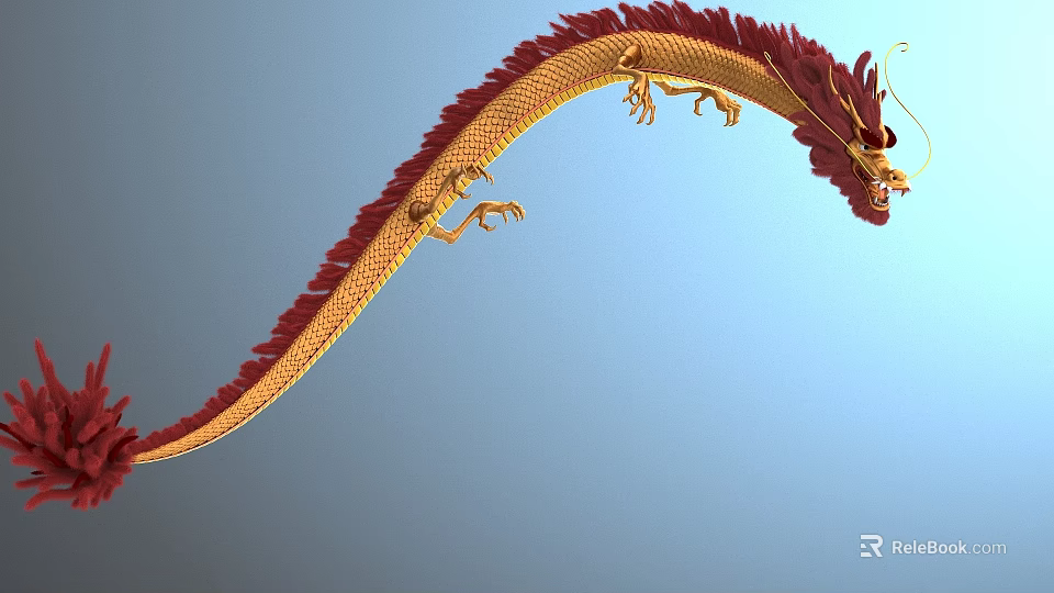 Golden Red Dragon With Long Serpentine Body Flying In Light Blue Sky 3d model 