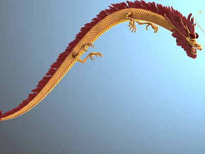 Golden Red Dragon With Long Serpentine Body Flying In Light Blue Sky 3d model