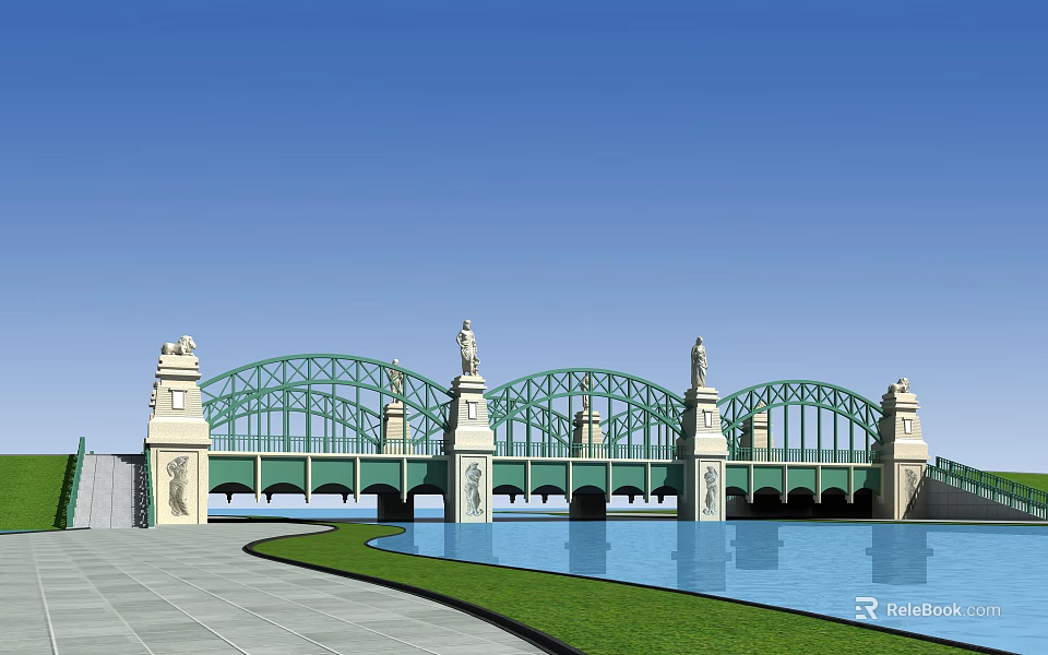 Scenic Green Arch Bridge With Statues On Pillars And Water Reflection 3d model 