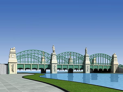 Scenic Green Arch Bridge With Statues On Pillars And Water Reflection 3d model