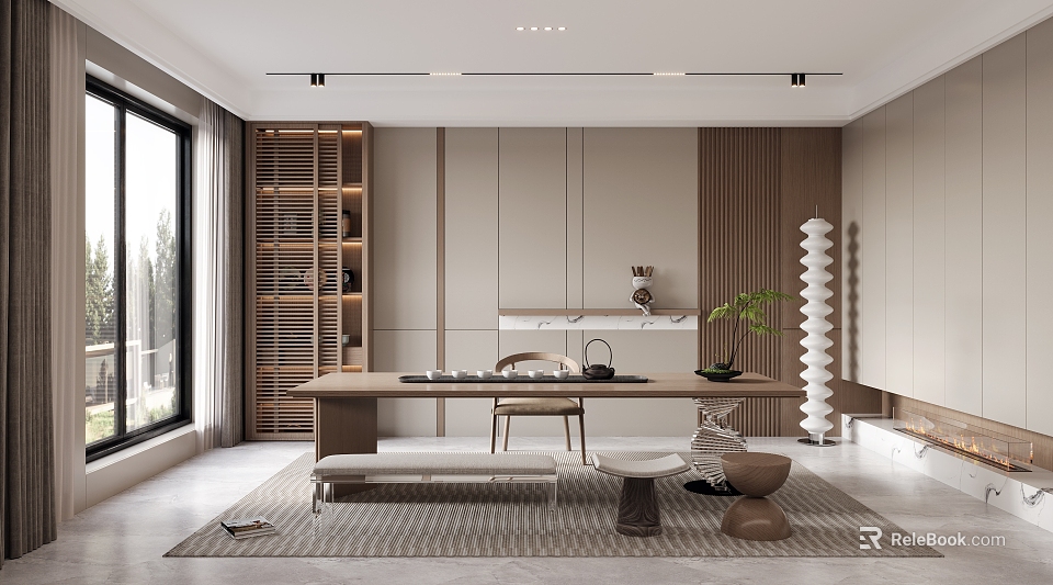 Modern Tea Room Interior With Wooden Shelves Table Stool Green Plant And Decorative Items 3d model 