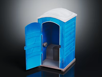 Blue Portable Toilet Interior Featuring Open Door White Roof And Black Bin 3d model