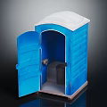 Blue Portable Toilet Interior Featuring Open Door White Roof And Black Bin