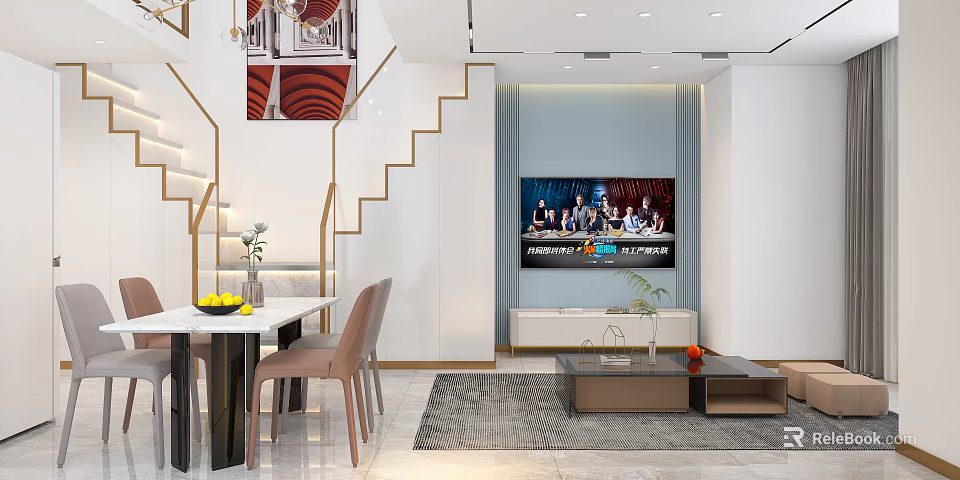 Modern Duplex Apartment With Open Living Room Dining Area Staircase And Stylish Decor 3d model 