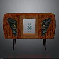 Red Wood Grain Cabinet With Transparent Panel Blue Pattern Side Decorations And Slender Legs