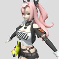 Woman With Pink Hair And Rabbit Ears In Black White Outfit With Yellow Waist Accessory