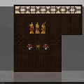 Traditional Wooden Buddhist Shrine Cabinet With Carved Top Golden Statues And Fruit Plates