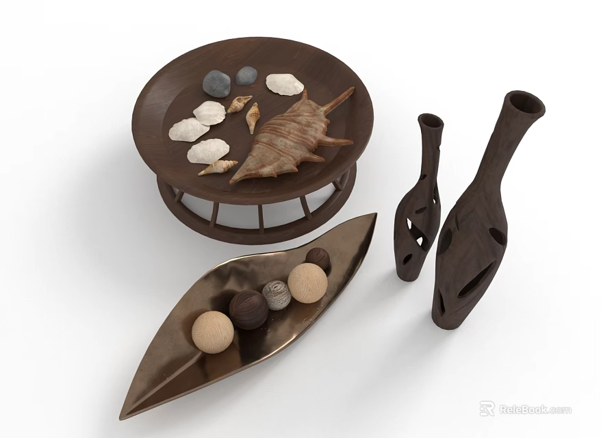 Elegant Brown Decorative Furniture Pieces With Shells Stones Boat Shaped Tray And Black Vases 3d model 