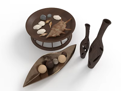 Elegant Brown Decorative Furniture Pieces With Shells Stones Boat Shaped Tray And Black Vases 3d model