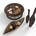 Elegant Brown Decorative Furniture Pieces With Shells Stones Boat Shaped Tray And Black Vases