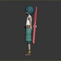 Game Movie Character With Teal Hair White T Shirt Red Belt And Large Red Scissors