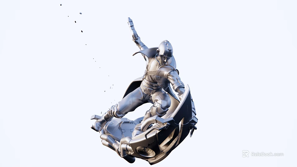 Dynamic Action Pose Silver Metal Armor Figure Sculpture With Weapon And Cloak 3d model 