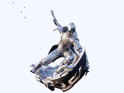 Dynamic Action Pose Silver Metal Armor Figure Sculpture With Weapon And Cloak 3d model