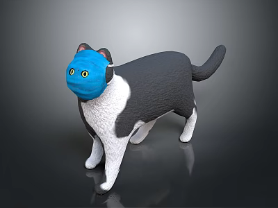 Gray Black And White 3D Cat Model Wearing Blue Mask With Yellow Eyes 3d model
