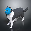 Gray Black And White 3D Cat Model Wearing Blue Mask With Yellow Eyes